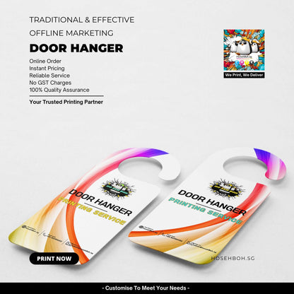 Colorful door hangers promoting printing services with online ordering and instant pricing options.