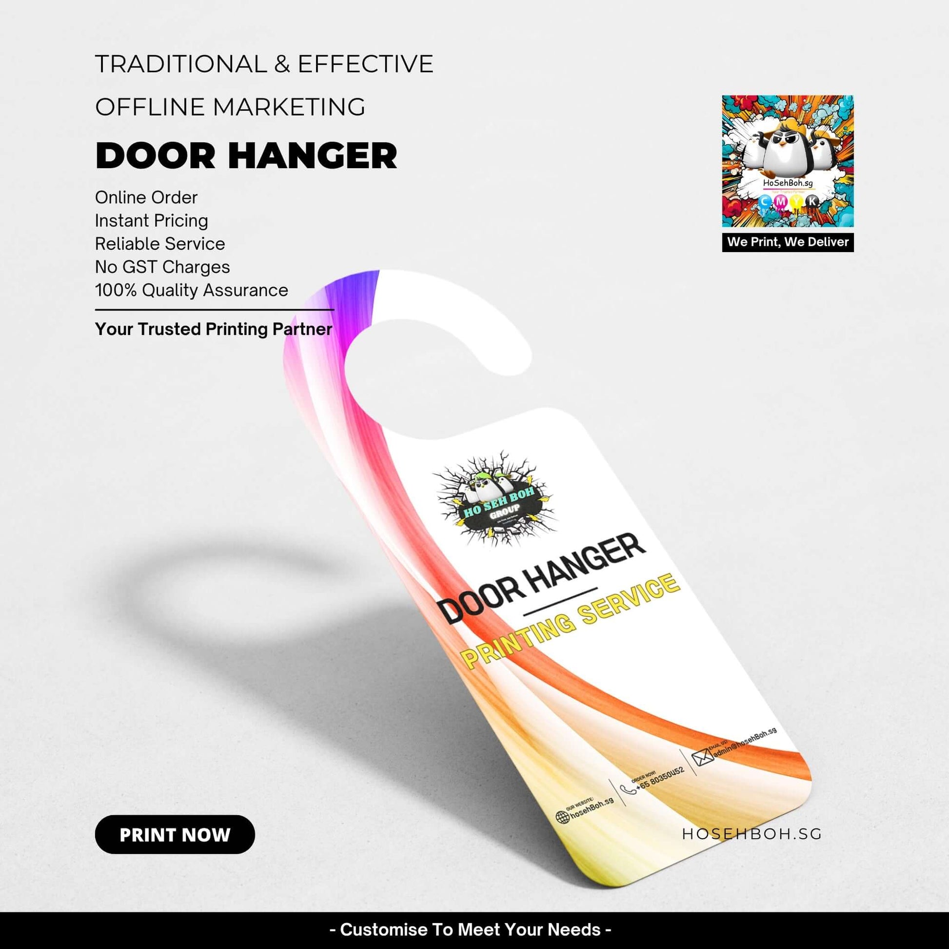 Colorful door hanger design promoting printing services with online order and reliable service features.