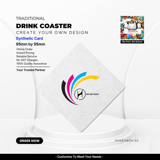 Customizable drink coaster with vibrant design, perfect for F&B industry, 95mm x 95mm synthetic card by Ho Seh Boh.