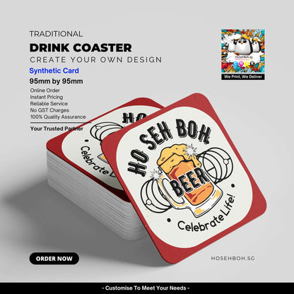 Custom printed drink coasters by Ho Seh Boh, ideal for restaurants and bars in Singapore.
