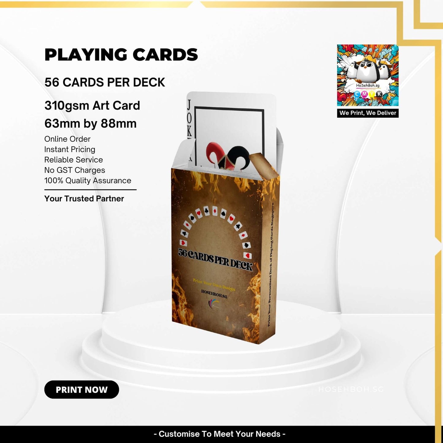 Customisable playing cards deck featuring 56 cards, 310gsm art card quality for personalized use in Singapore.