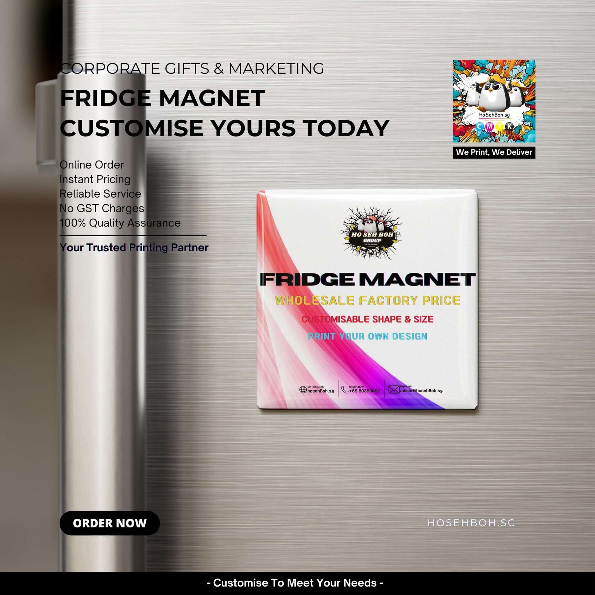 Custom Fridge Magnet Printing Singapore showcasing a vibrant fridge magnet design on a metallic surface.