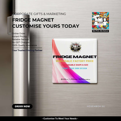 Custom Fridge Magnet Printing Singapore showcasing a vibrant fridge magnet design on a metallic surface.
