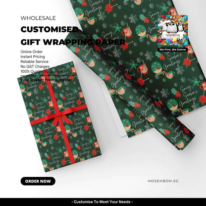 Customized gift wrapping paper with festive design for wholesale orders, featuring holiday motifs and instant online pricing.