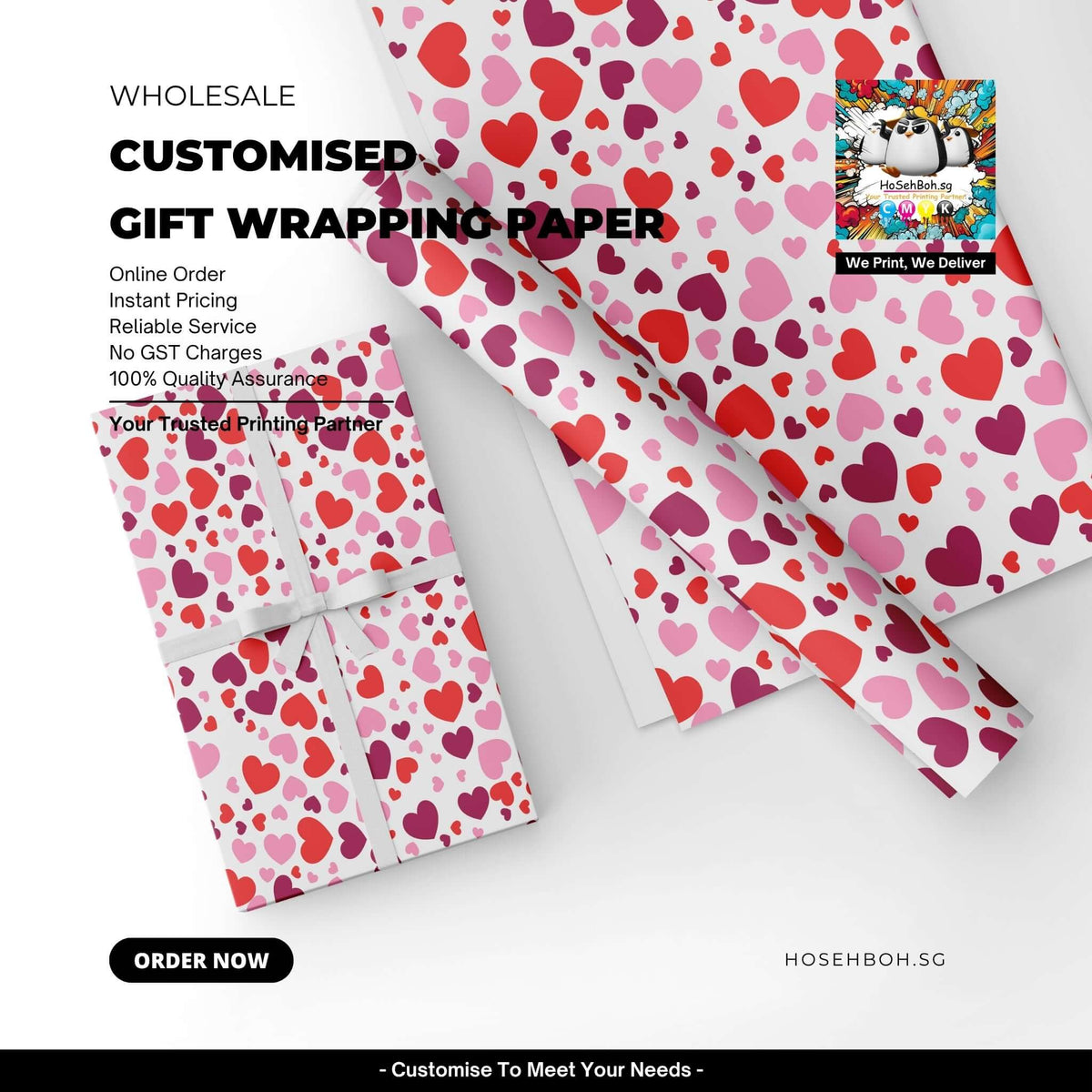 Customized gift wrapping paper with heart design, perfect for any occasion, featuring online order and instant pricing.