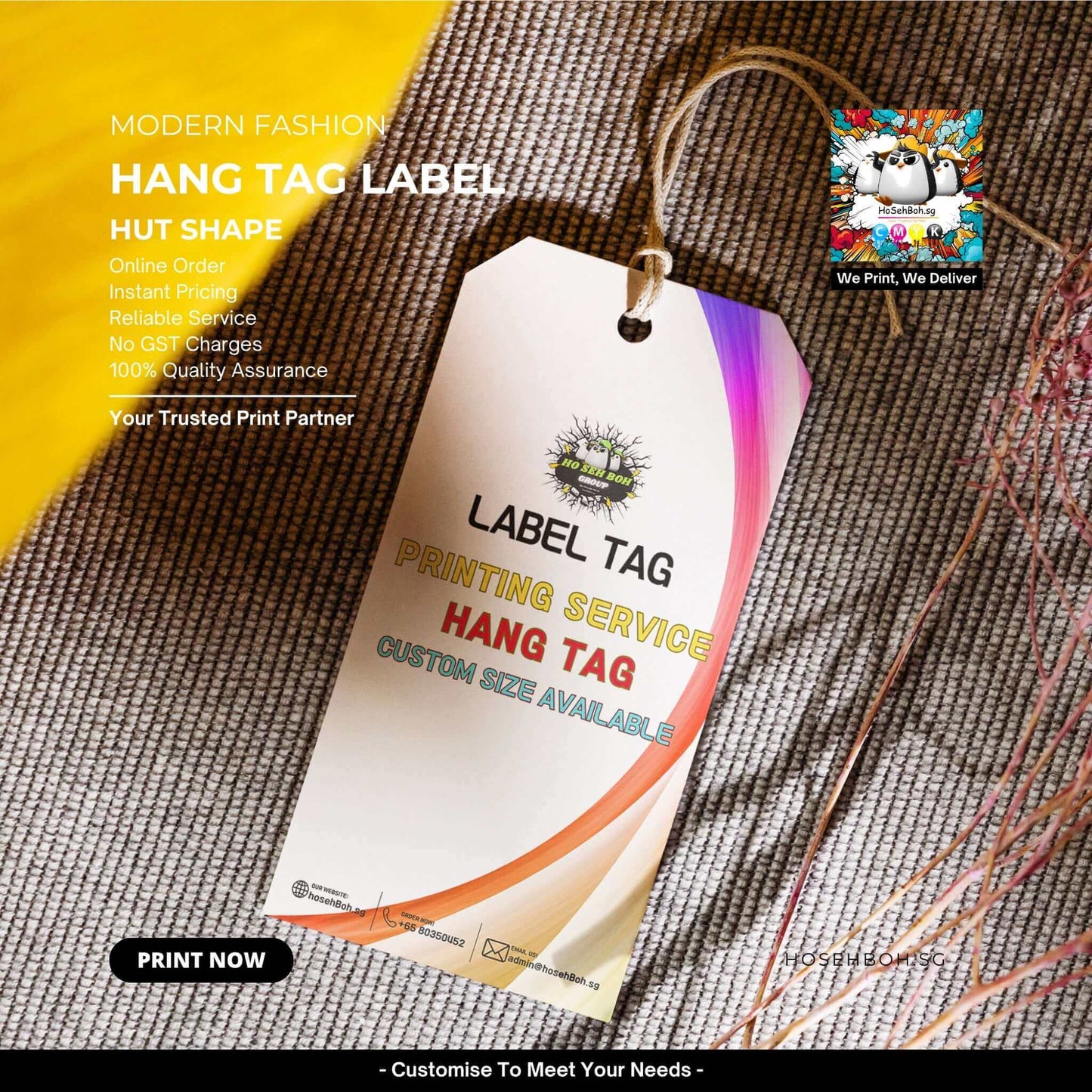 Colorful hang tag label in hut shape with printing service information, customized for modern fashion needs.