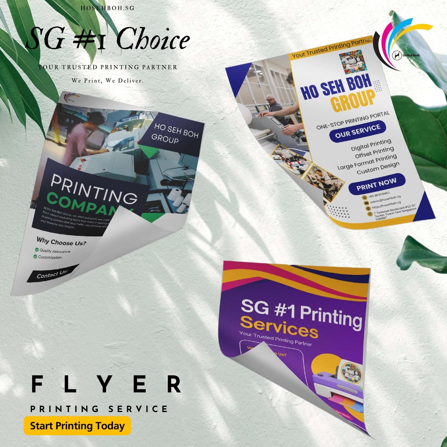 Colorful promotional flyers showcasing printing services, inviting customers to start printing today.