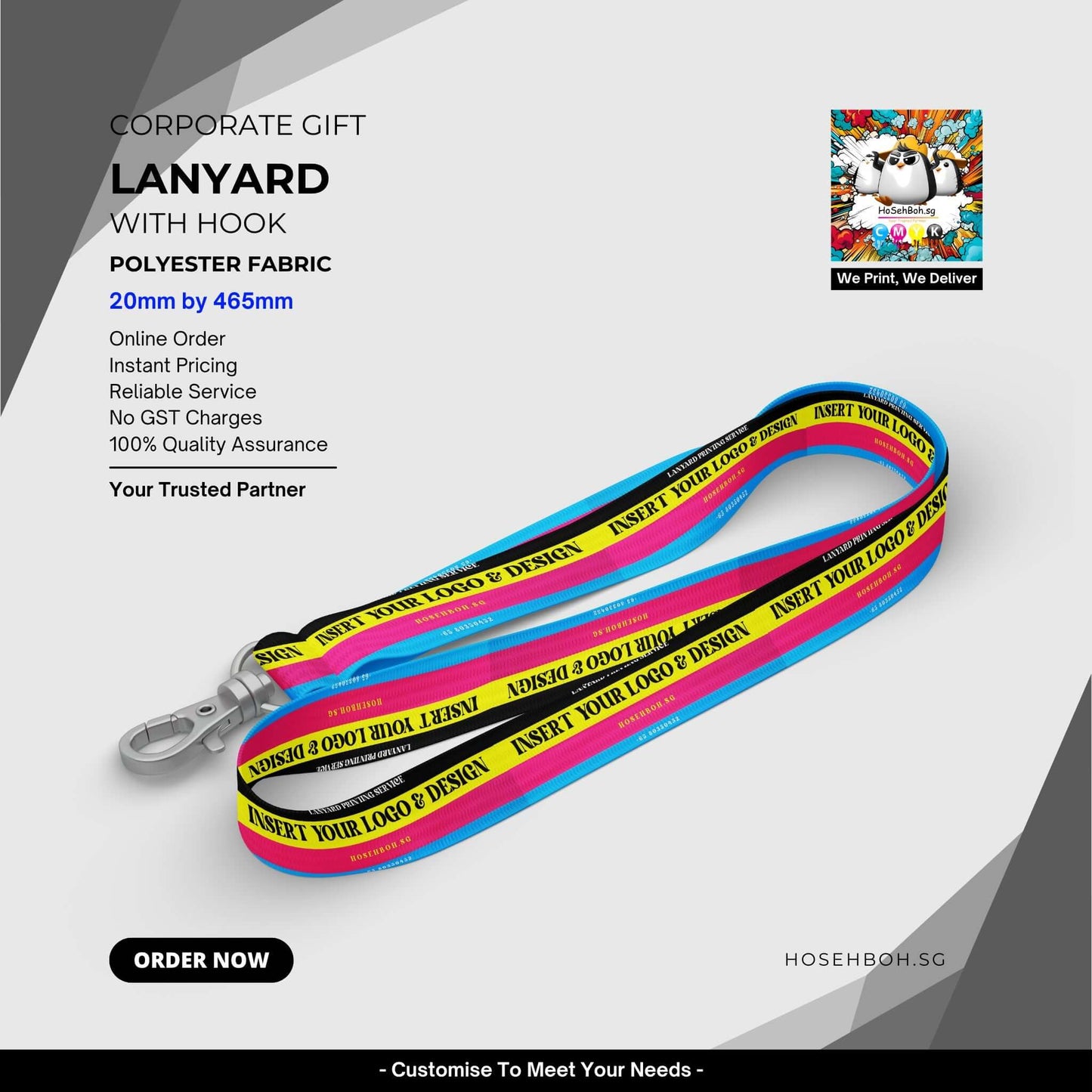 Custom printed lanyard with hook, 20mm x 465mm, in vibrant colors, ideal for corporate branding in Singapore.