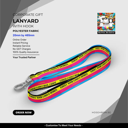 Custom printed lanyard with hook, 20mm x 465mm, in vibrant colors, ideal for corporate branding in Singapore.