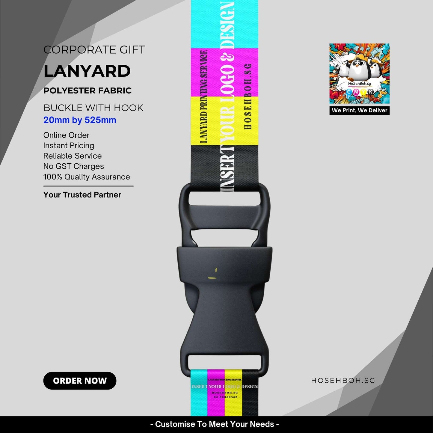Colorful polyester lanyard with buckle hook, customizable for corporate gifts, featuring vibrant design and quality assurance.