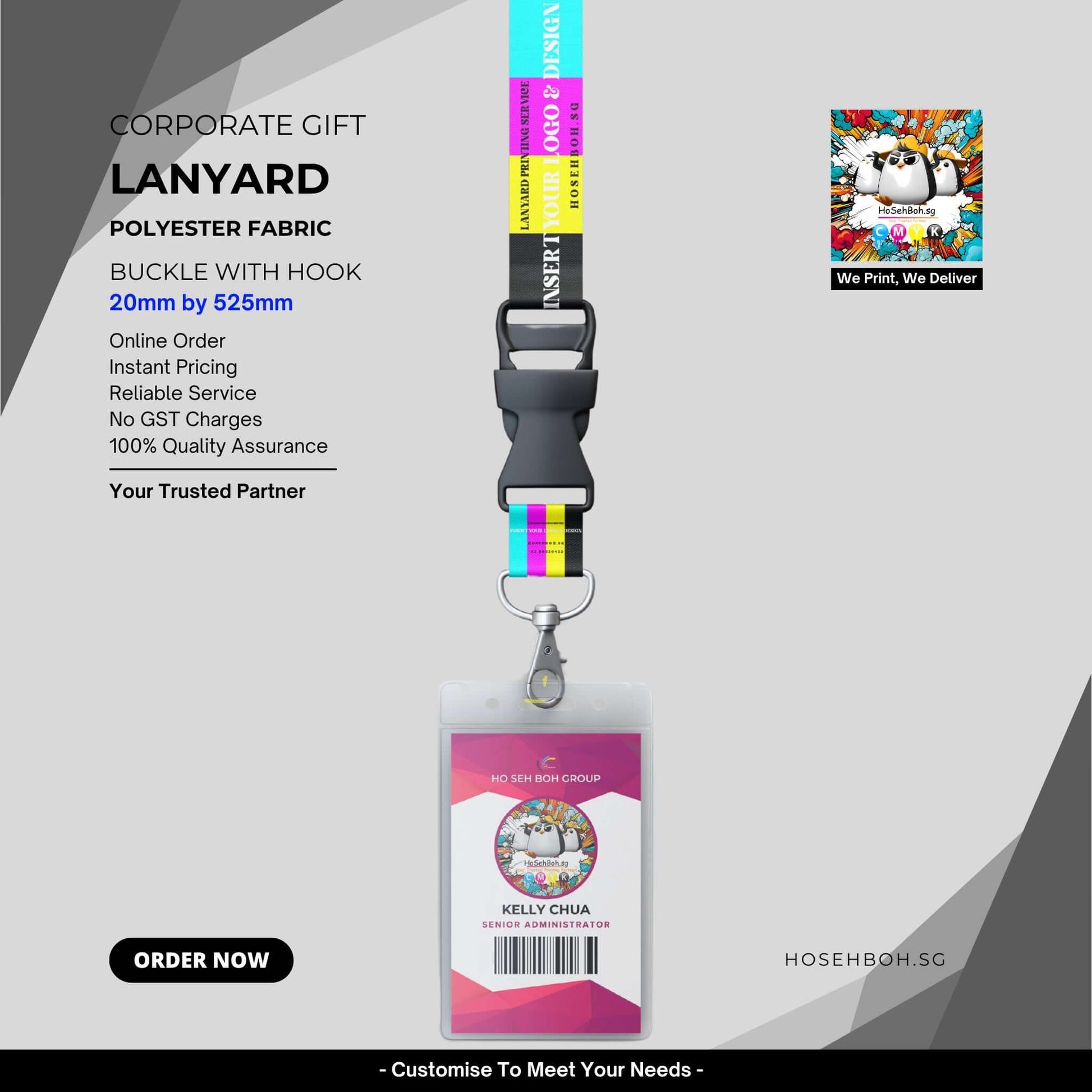 Stylish polyester lanyard with buckle and hook, customized for corporate branding in Singapore by Ho Seh Boh Group.