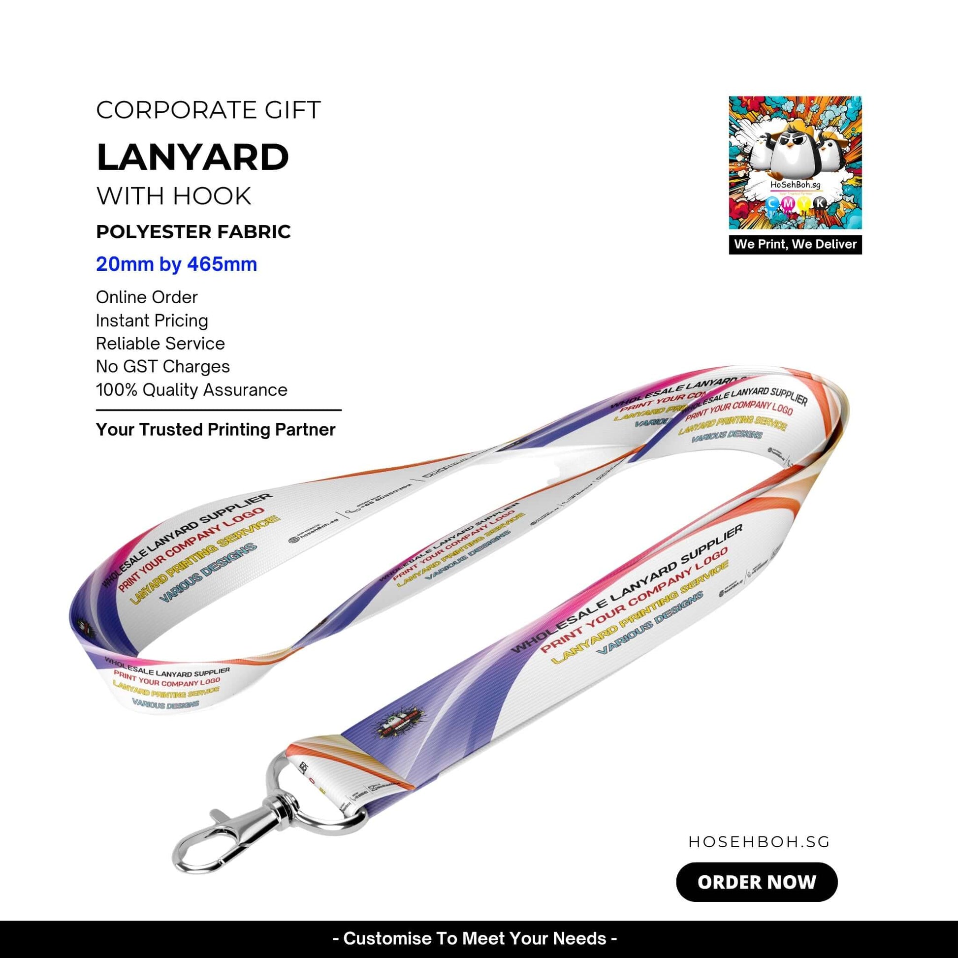 Customizable corporate gift lanyard with hook, made from durable polyester fabric, featuring vibrant design.