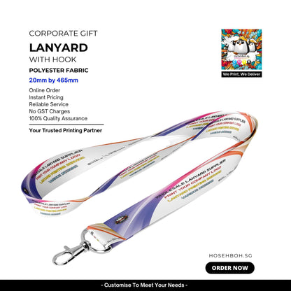 Customizable corporate gift lanyard with hook, made from durable polyester fabric, featuring vibrant design.