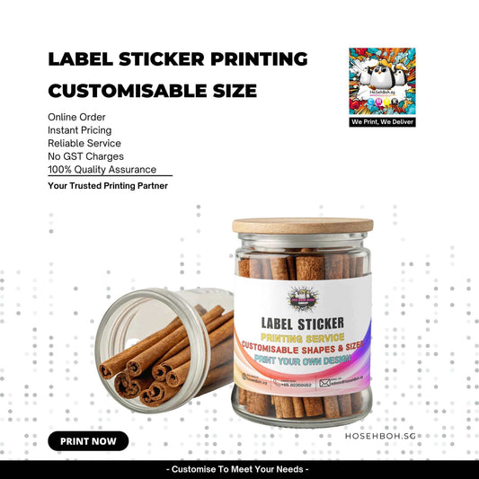 Mirrorkote Label Sticker in a jar with cinnamon sticks showcasing customisable size and printing service features.