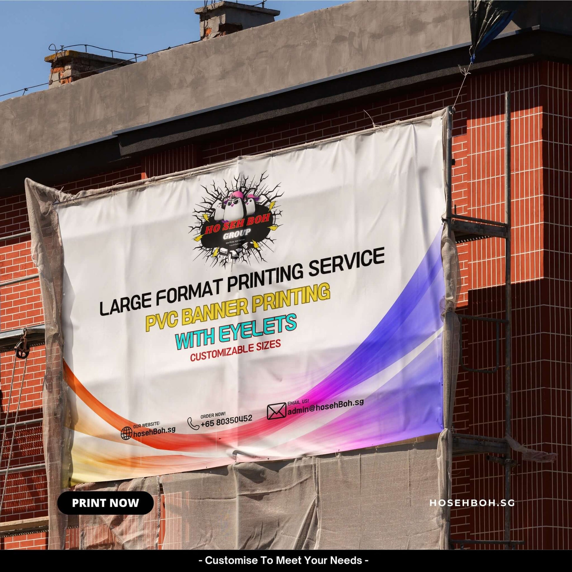 Banner advertising large format printing services with customizable PVC banners and eyelets, displayed on a building.