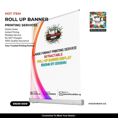 Roll-up banner display showcasing large format printing services by hosehBoh.sg, featuring instant pricing and reliable service.