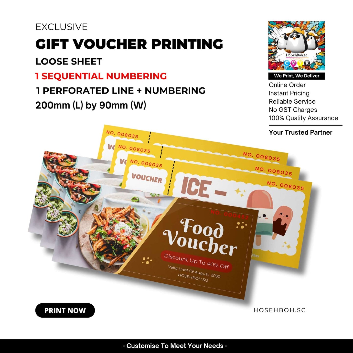 Exclusive gift voucher printing with sequential numbering, 200mm x 90mm, in Singapore. Customise vouchers for your business.