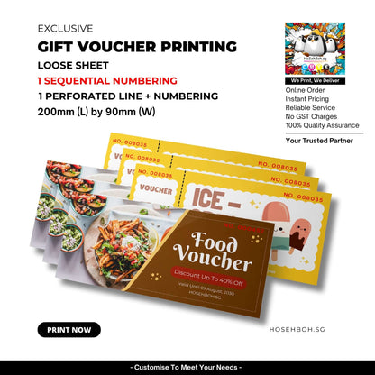 Exclusive gift voucher printing with sequential numbering, 200mm x 90mm, in Singapore. Customise vouchers for your business.