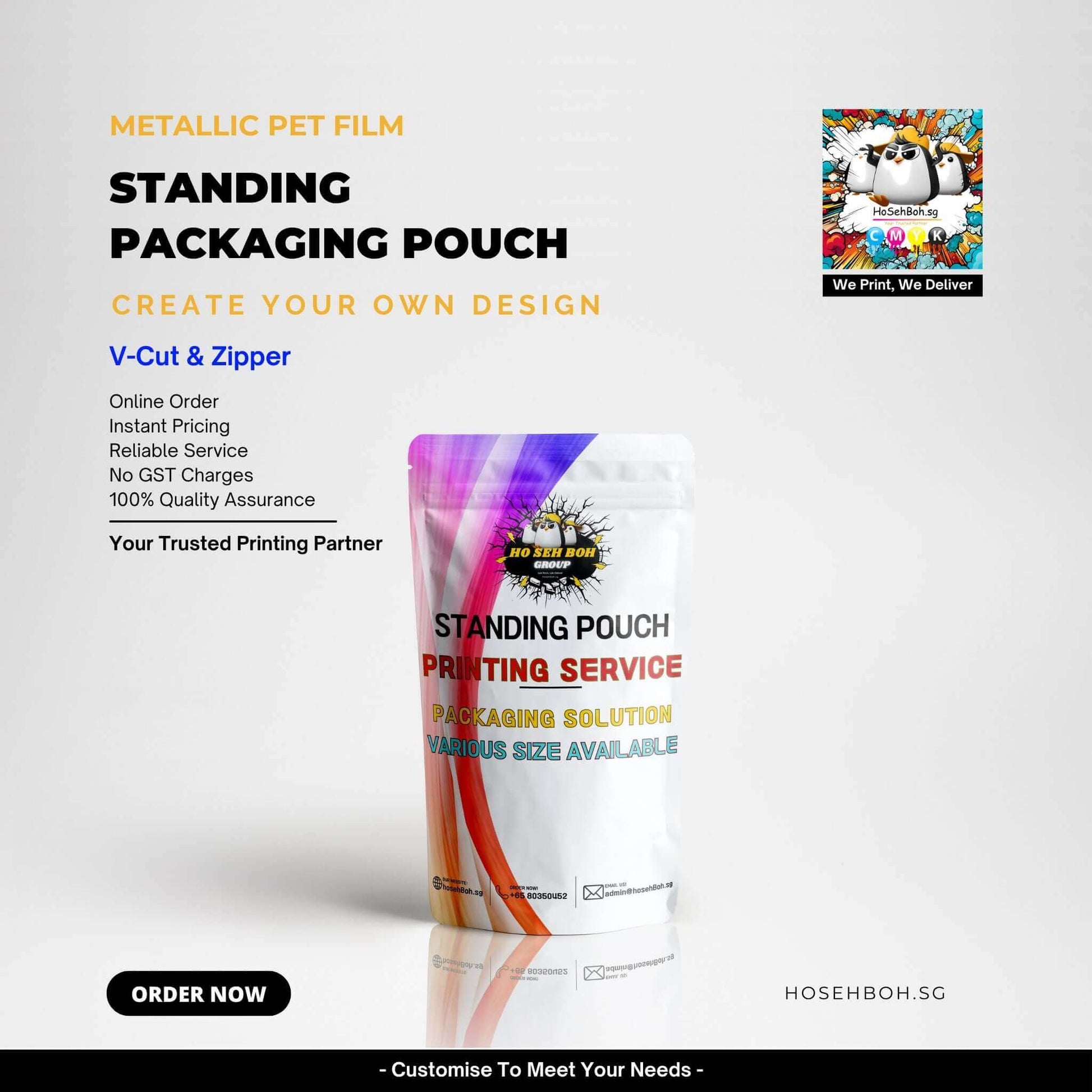 Metallic pet film standing packaging pouch with V-cut and zipper, customizable printing service, instant pricing, reliable service.