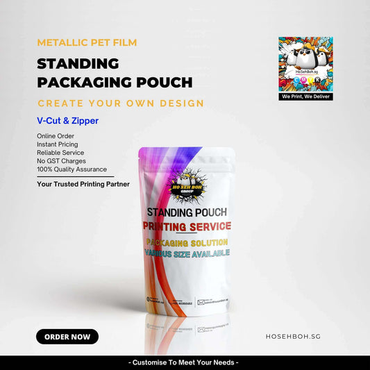 Metallic pet film standing packaging pouch with V-cut and zipper, customizable printing service, instant pricing, reliable service.