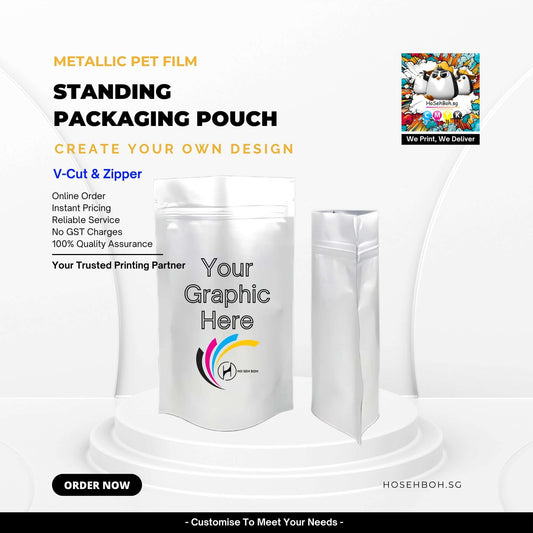 Metallic PET film standing packaging pouch with customizable design, V-cut, and zipper for product packaging in Singapore.