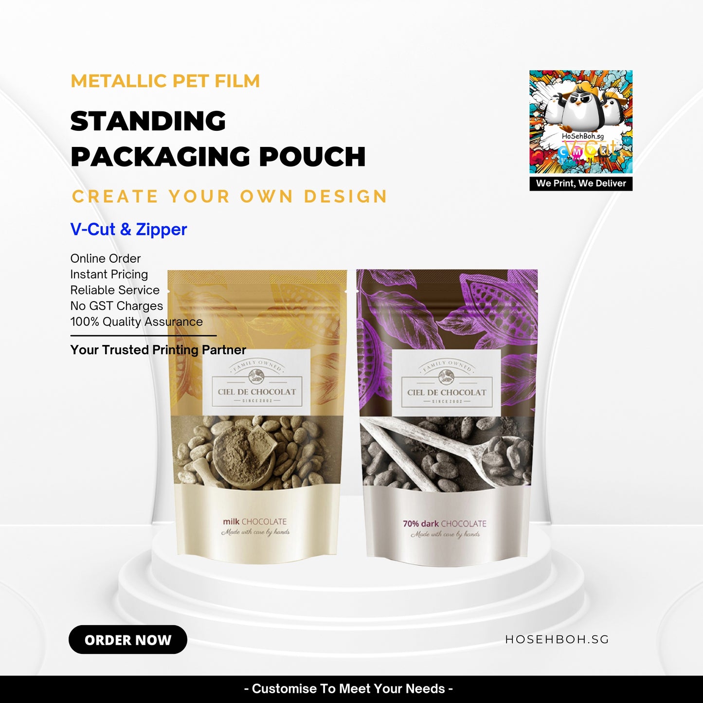 Customise Metallic Standing Packaging Pouch - HoSehBoh.sg