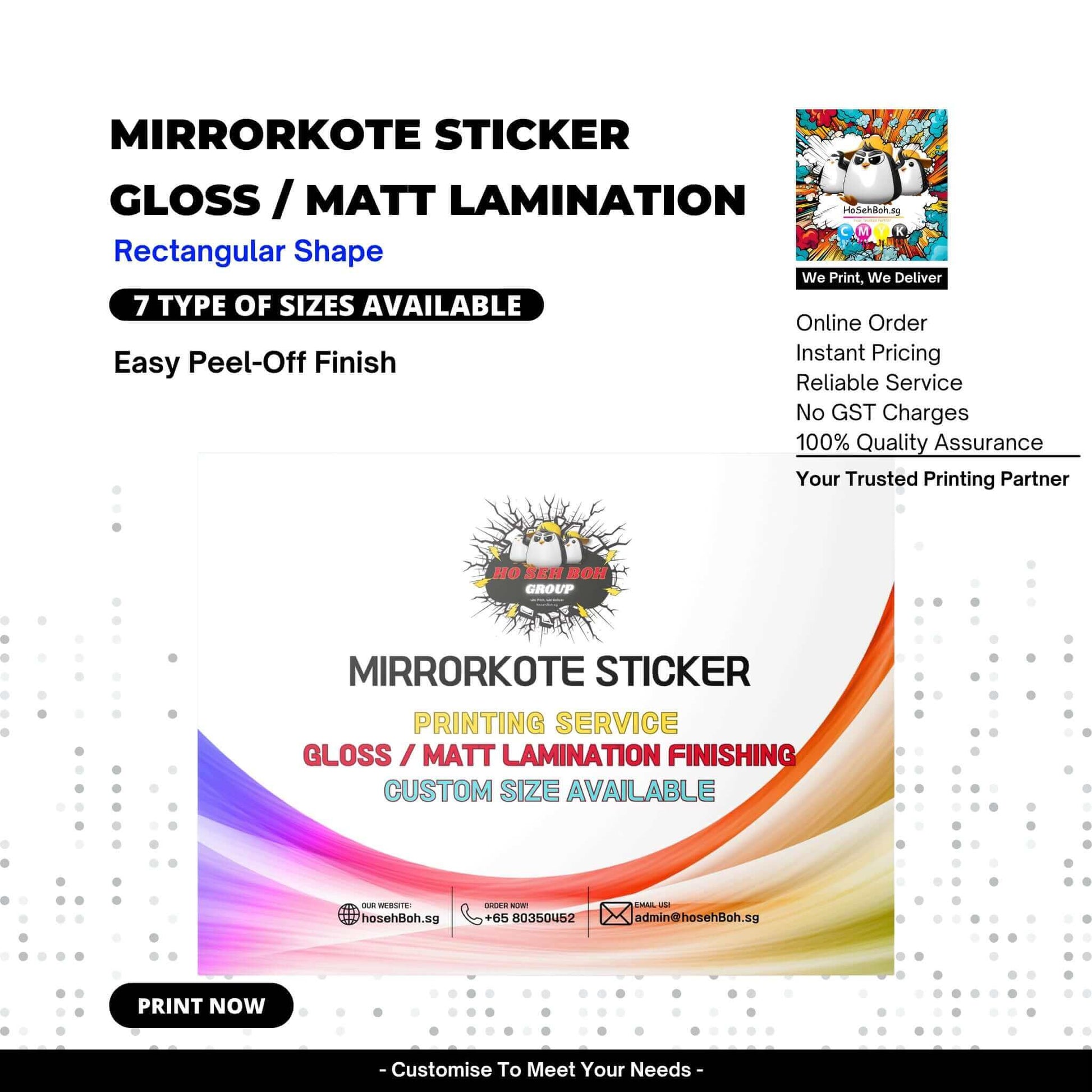 Mirrorkote Sticker with gloss and matt lamination, rectangular shape, available in various sizes for easy peel-off finish.