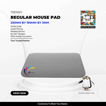 Trendy regular mouse pad by Ho Seh Boh Group, dimensions 230mm x 190mm x 3mm, reliable service, instant pricing.