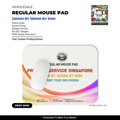 Regular mouse pad design with dimensions 230mm by 190mm by 3mm. Customizable printing services by HosehBoh Singapore.
