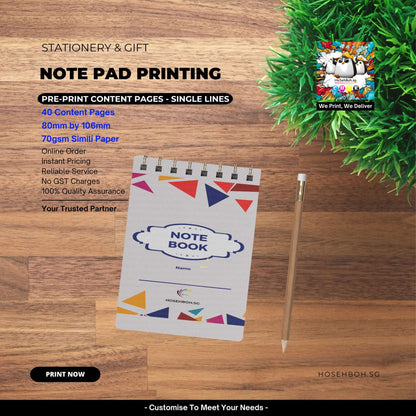 Customisable notepad with pre-printed pages, ideal for bulk order printing in Singapore by Ho Seh Boh Group.
