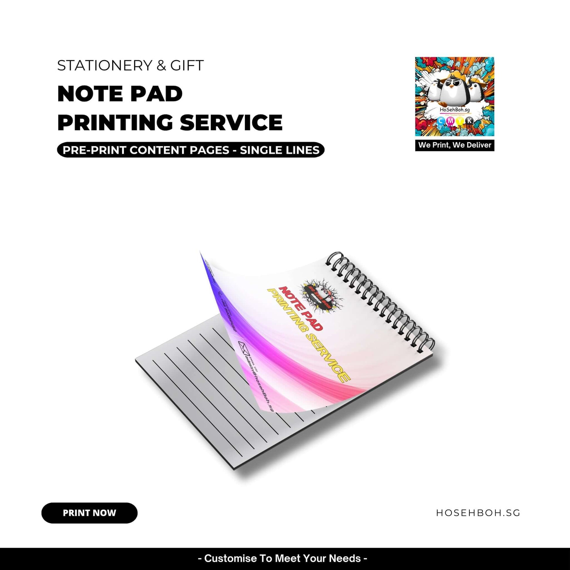 Custom notepad printing service featuring single line pre-print pages for stationery and gifts.
