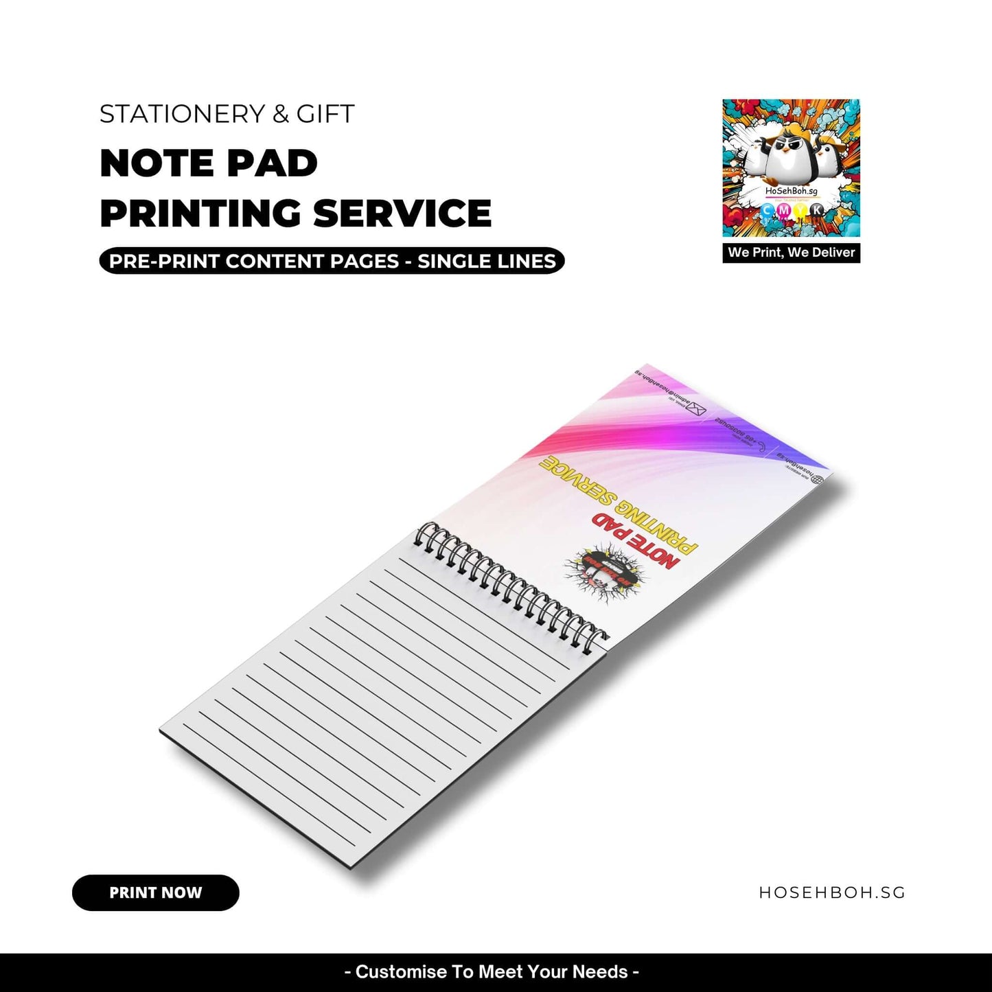 Customizable note pad printing service showcasing pre-printed content pages with single lines.
