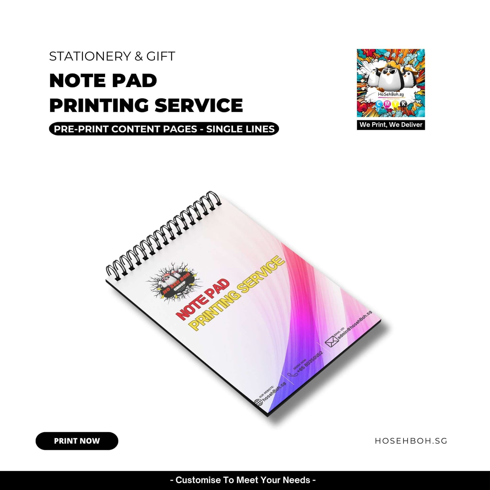 Note pad printing service advertisement showcasing pre-printed content pages with single lines, colorful design.