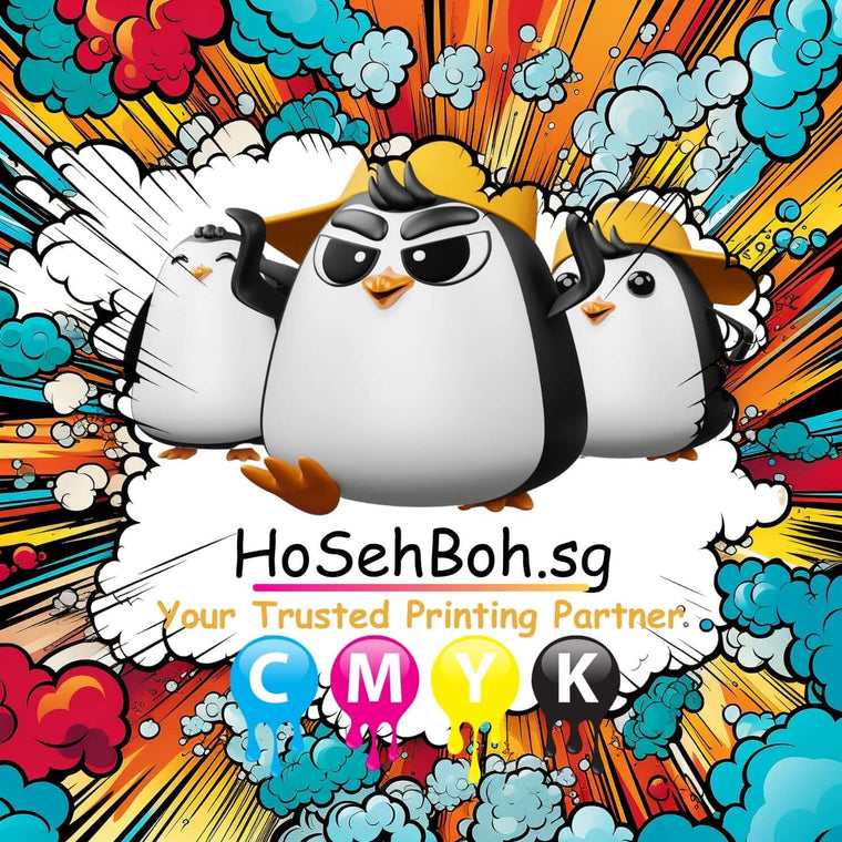 Three cartoon penguins with a colorful background, representing HoSehBoh.sg, your trusted printing partner.