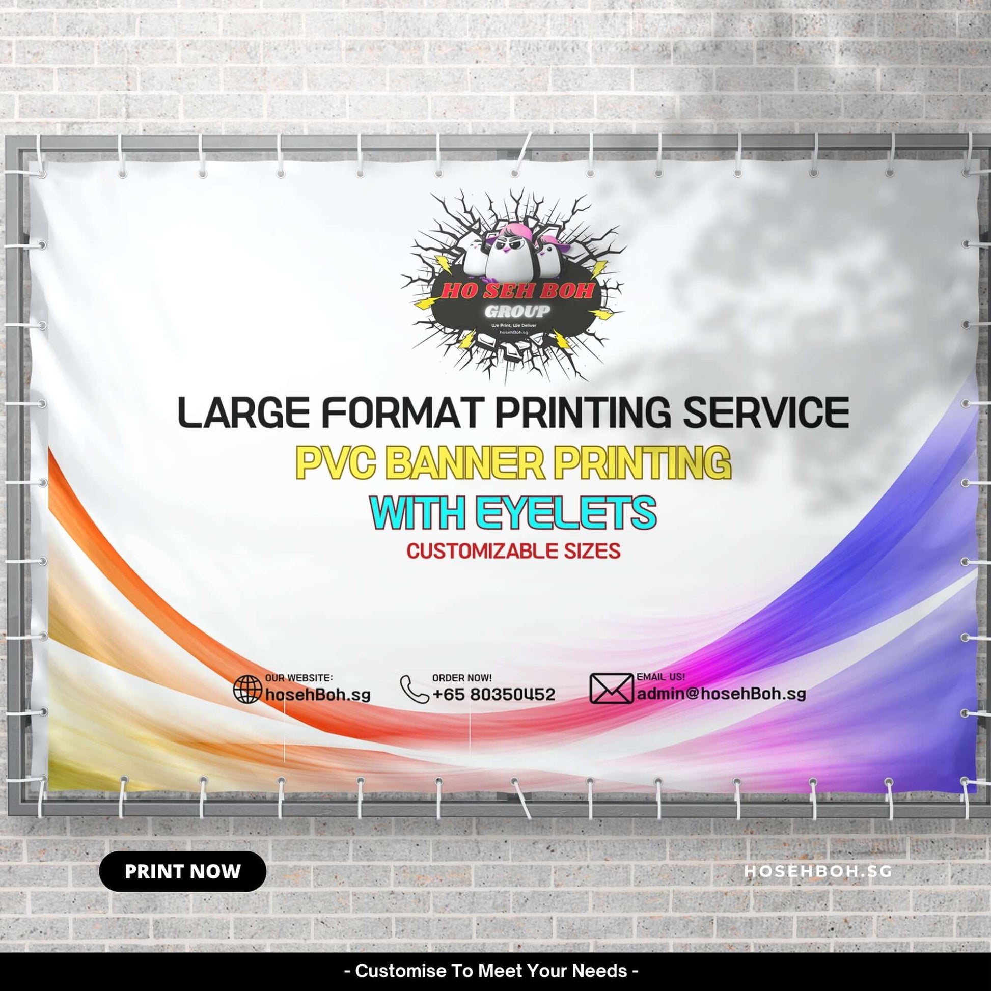Large format PVC banner printing service with eyelets, customizable sizes, by hosehBoh.sg.