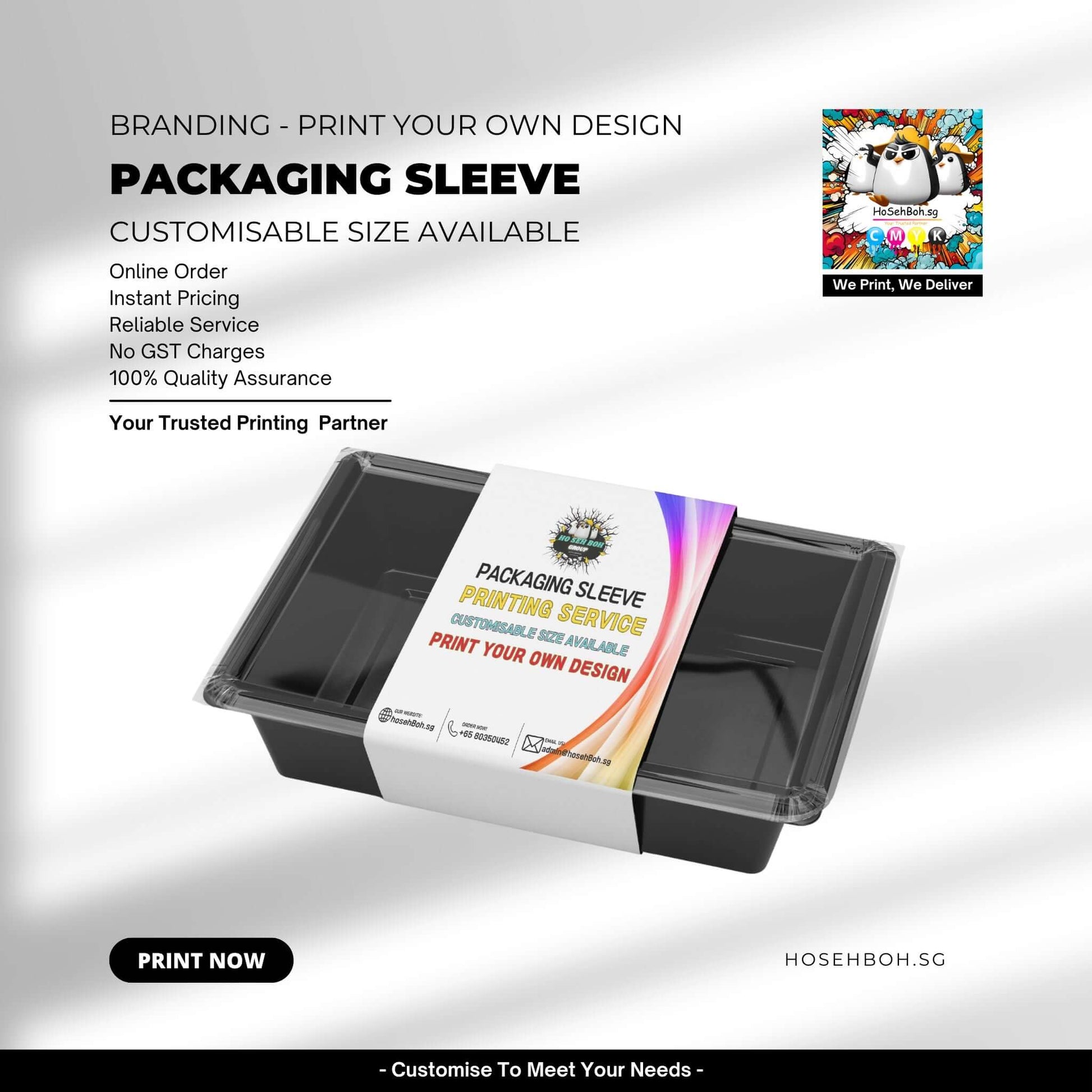 Packaging sleeve printing service with custom size options and branding features.