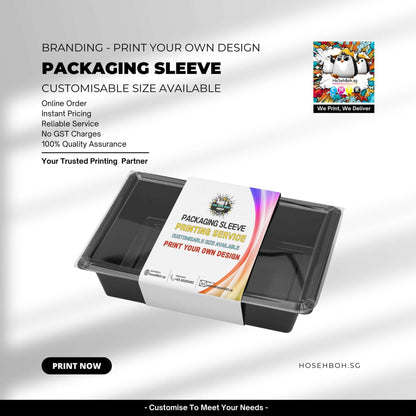 Packaging sleeve printing service with custom size options and branding features.
