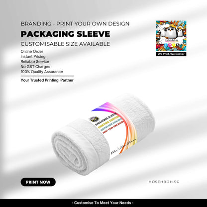 White towel with custom packaging sleeve showcasing branding options and printing services.