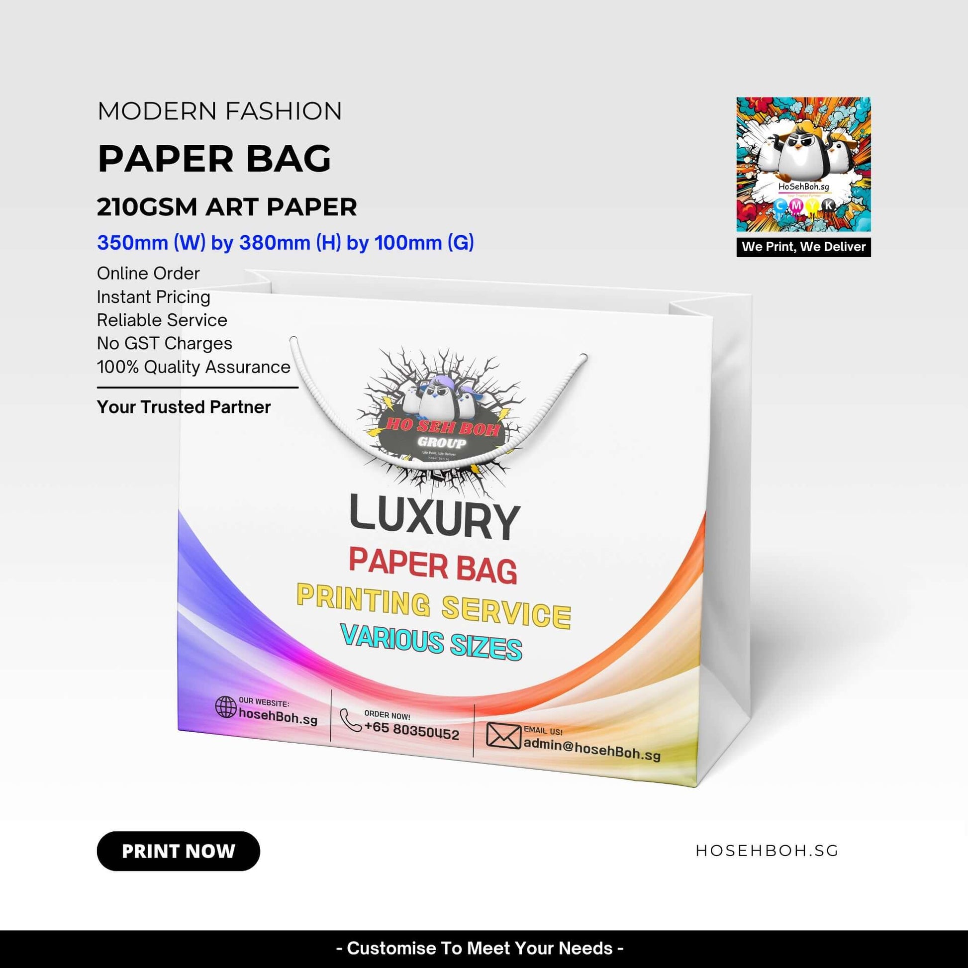 Customised paper bags in Singapore featuring modern design and printing services for various sizes.