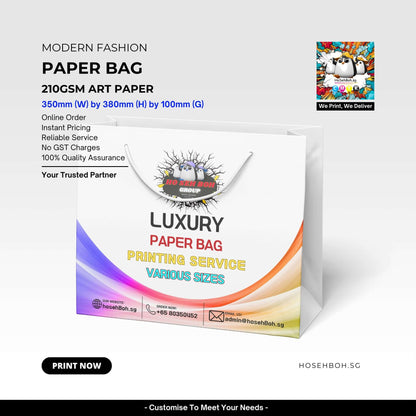 Customised paper bags in Singapore featuring modern design and printing services for various sizes.