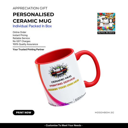 Personalized ceramic mug in red and white, packed in box, showcasing custom printing service for unique gifts.