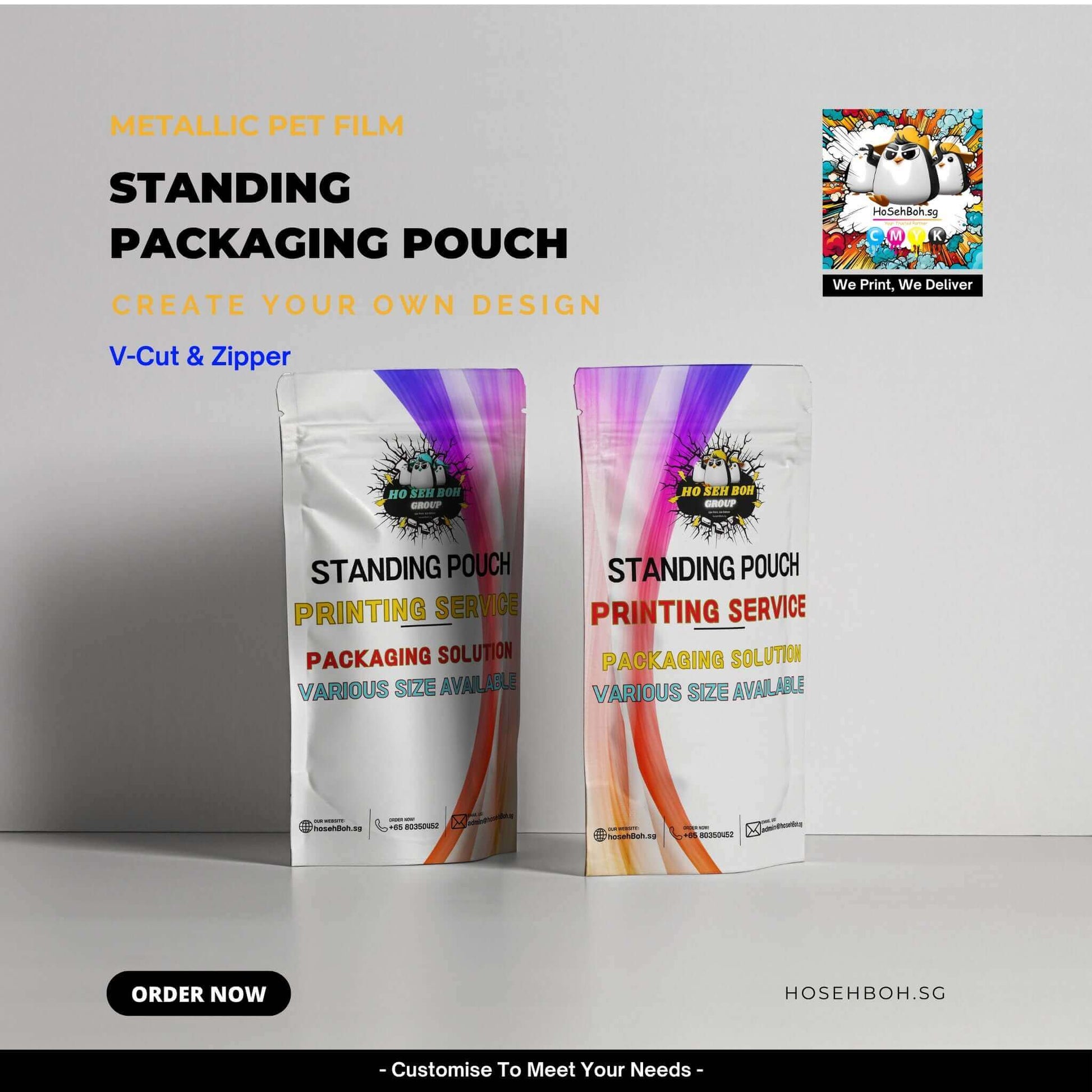 Metallic PET film standing packaging pouches for custom designs with V-cut and zipper, showcasing versatile printing services.