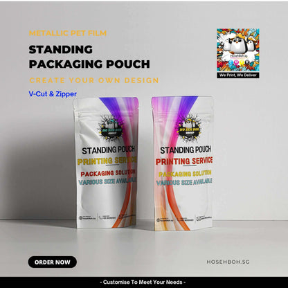 Metallic PET film standing packaging pouches for custom designs with V-cut and zipper, showcasing versatile printing services.
