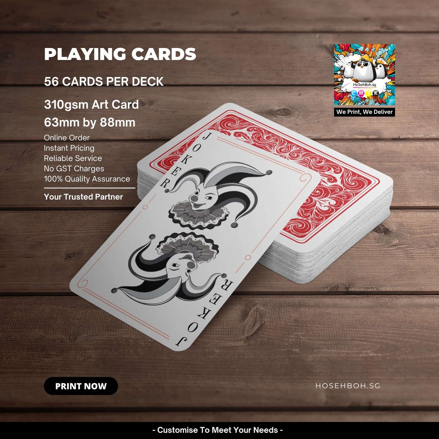 Customisable playing cards featuring Joker design, 56 cards per deck, 310gsm art card, and dimensions 63mm x 88mm.