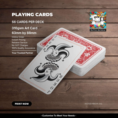 Customisable playing cards featuring Joker design, 56 cards per deck, 310gsm art card, and dimensions 63mm x 88mm.