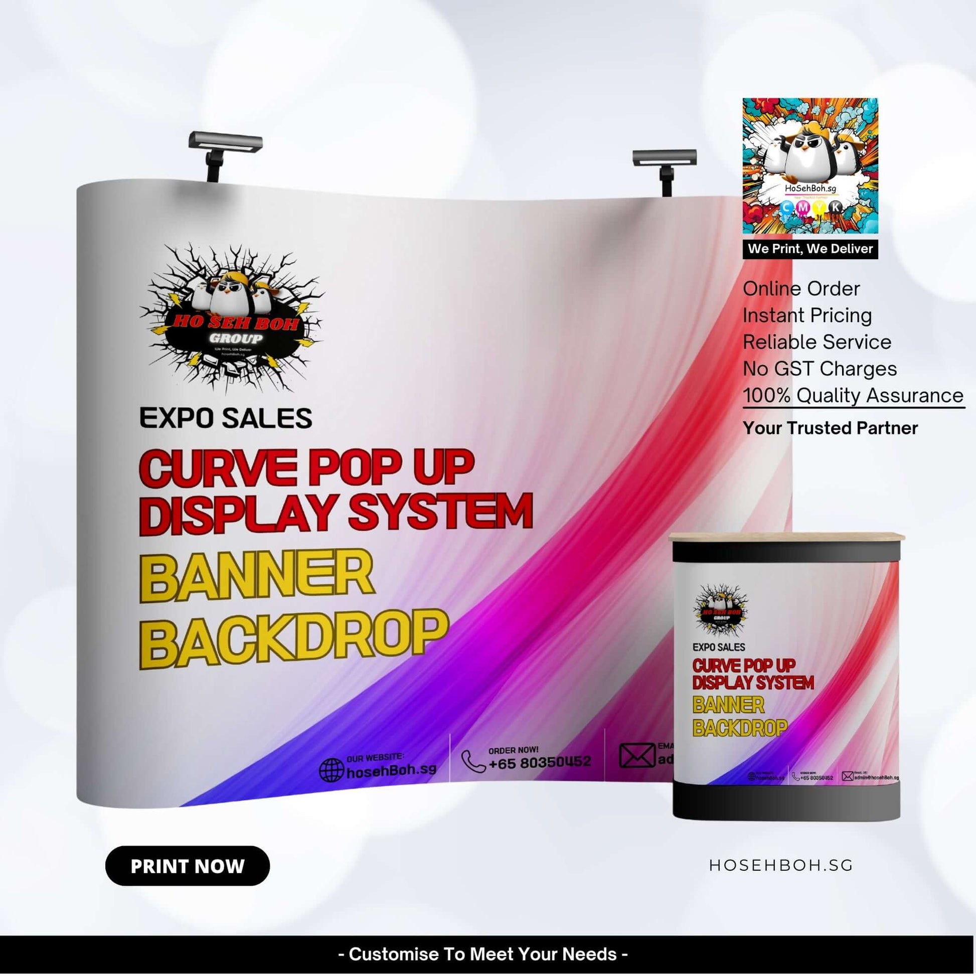 Curve pop-up display system banner and backdrop for expo sales by hosehBoh.sg - customize to meet your needs.
