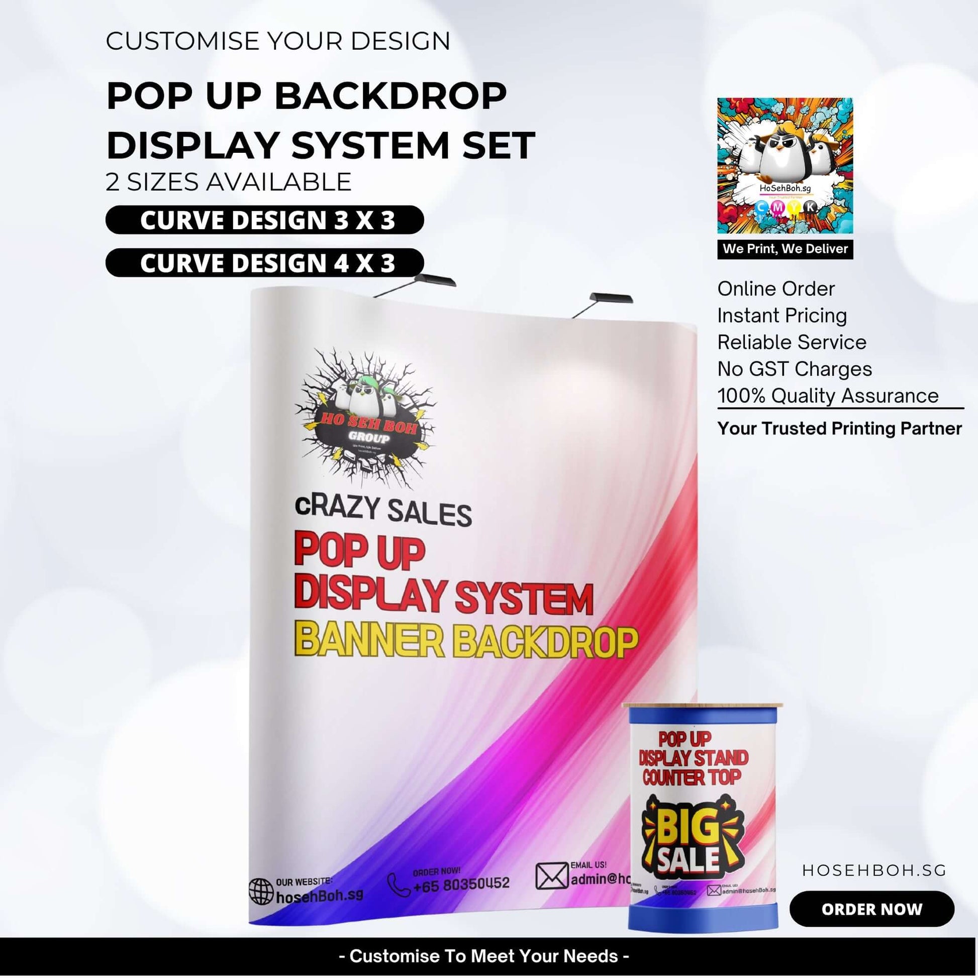 Customizable pop-up backdrop display system, available in two sizes, ideal for events and promotions in Singapore.