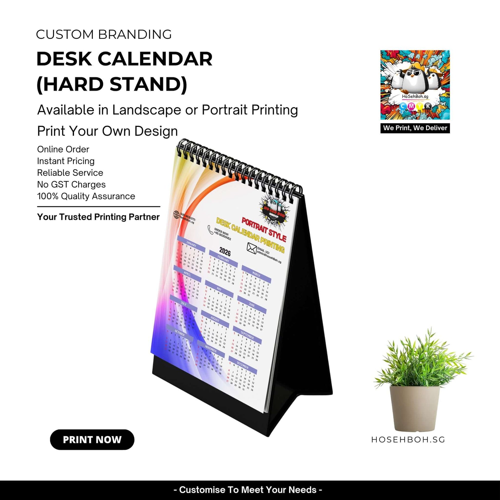 Custom branded desk calendar in hard stand, featuring landscape and portrait printing options for personalized designs.