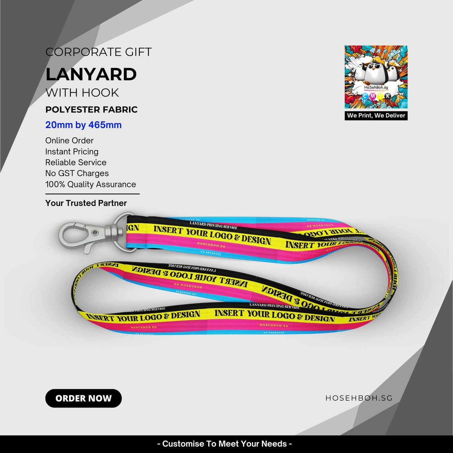 Customizable polyester lanyard with hook, ideal for corporate branding in Singapore with Ho Seh Boh Group.