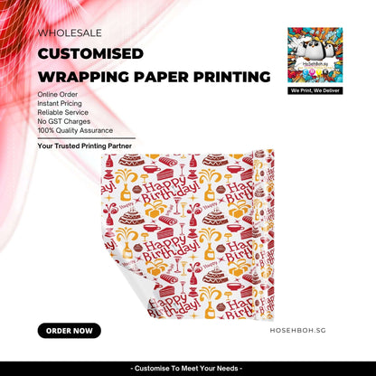 Customized Wrapping Paper Printing with festive designs for birthdays and celebrations, featuring instant pricing and quality assurance.